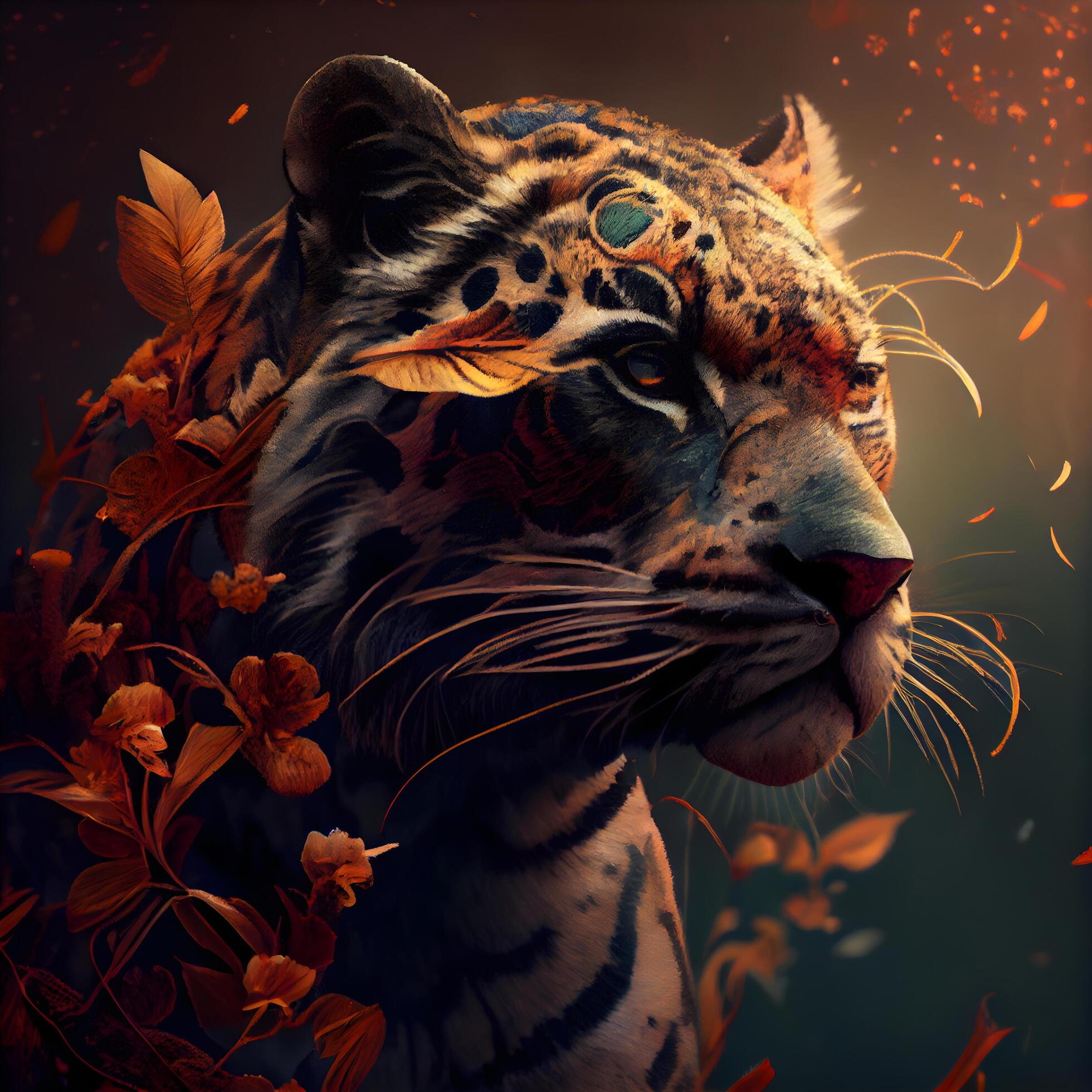 Beautiful tiger with flowers and leaves on a dark background. Digital