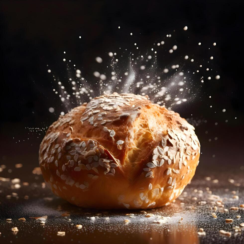 Freshly baked bread with sesame seeds and flying flour on black background, Image photo