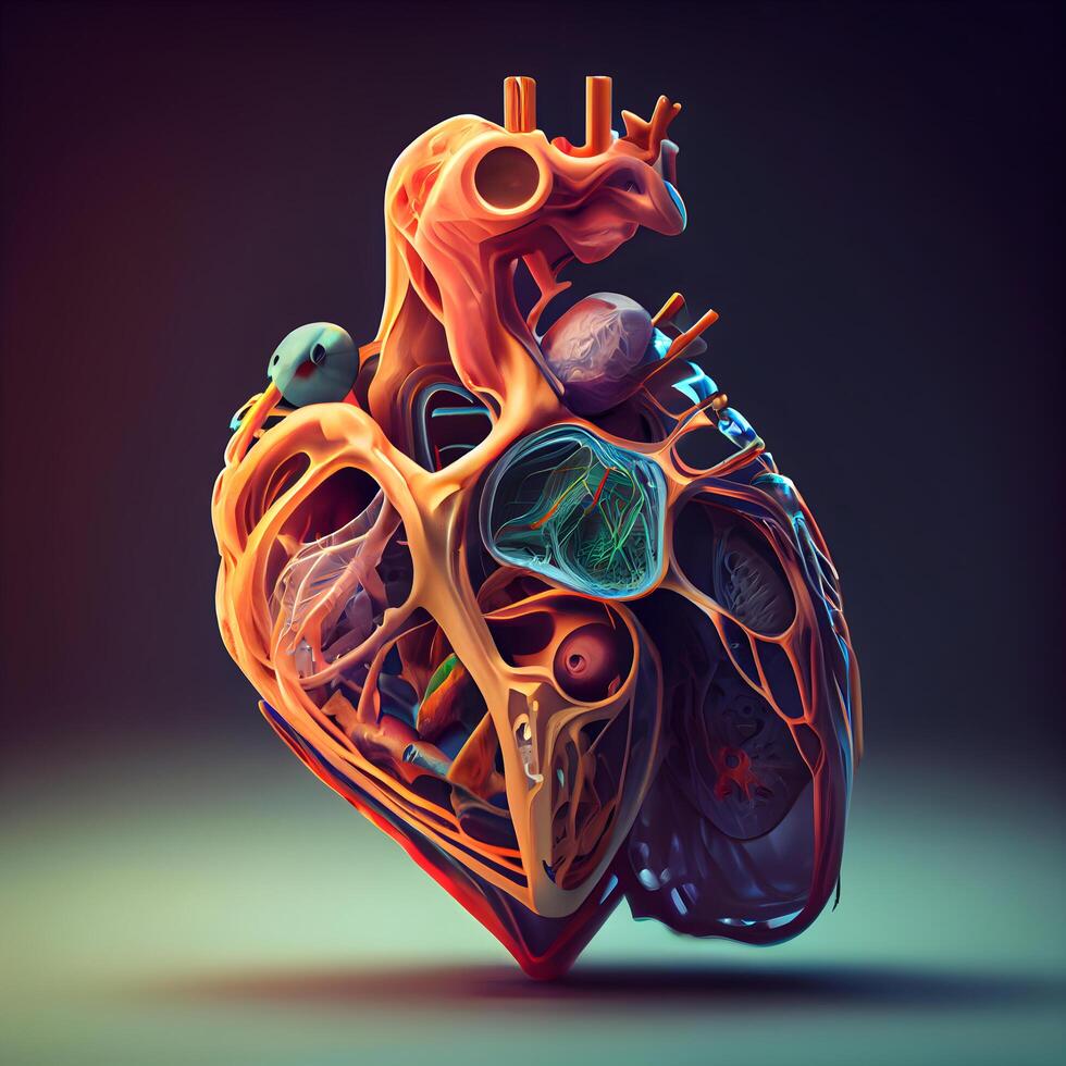 humano corazón en un oscuro antecedentes. 3d ilustración. 3d representación., ai generativo imagen foto