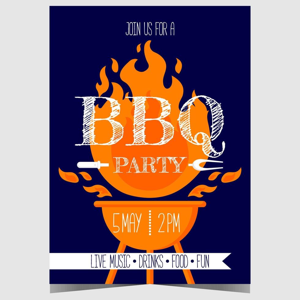 BBQ party invitation for outdoor picnic and steak cooking on the flame of a grill. Barbecue party poster or banner for grill time weekend with friends and family. Ready to print vector illustration.