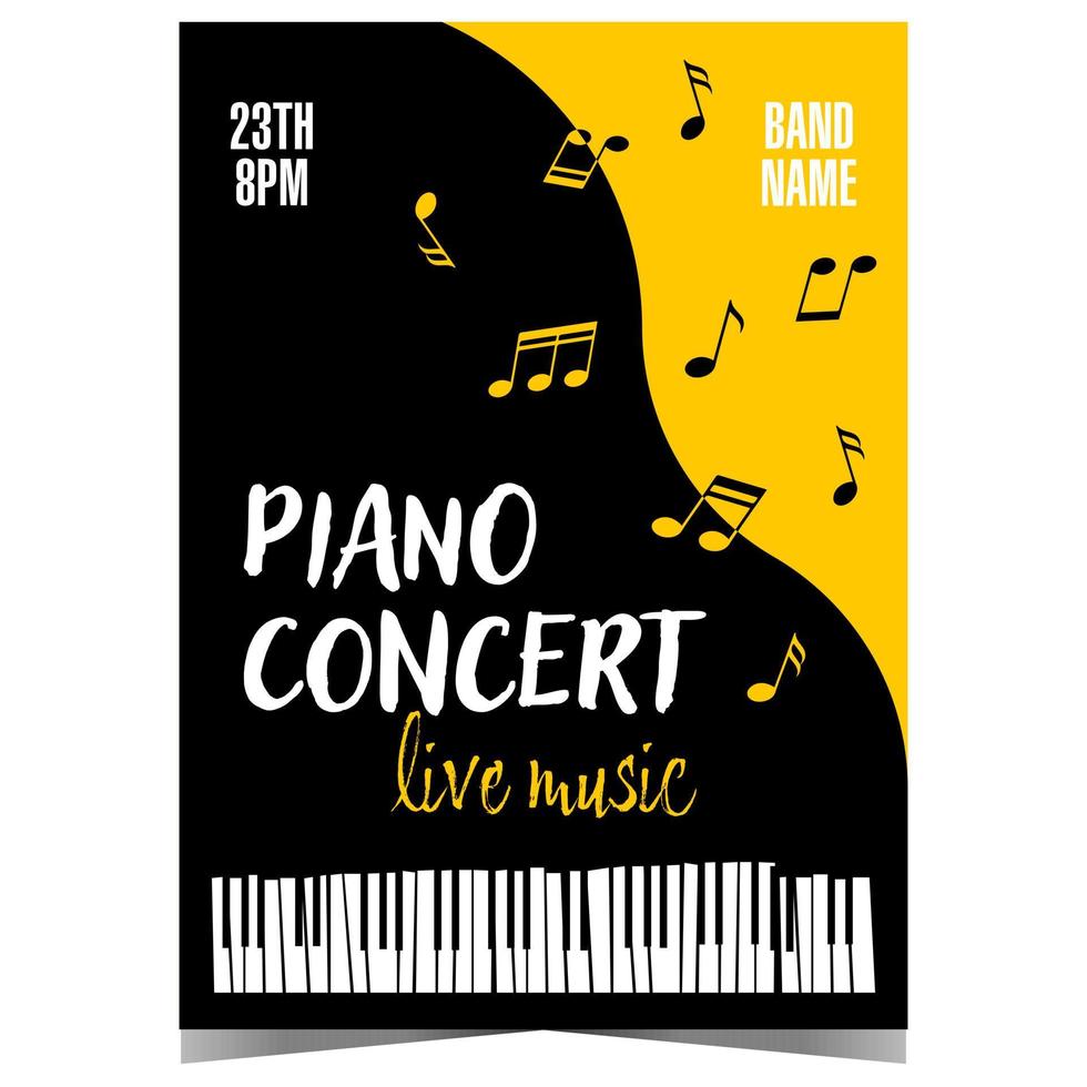 Live piano music concert or festival promotion banner or poster with black grand piano and musical notes on yellow background. Vector illustration of invitation leaflet or flyer for piano concert.