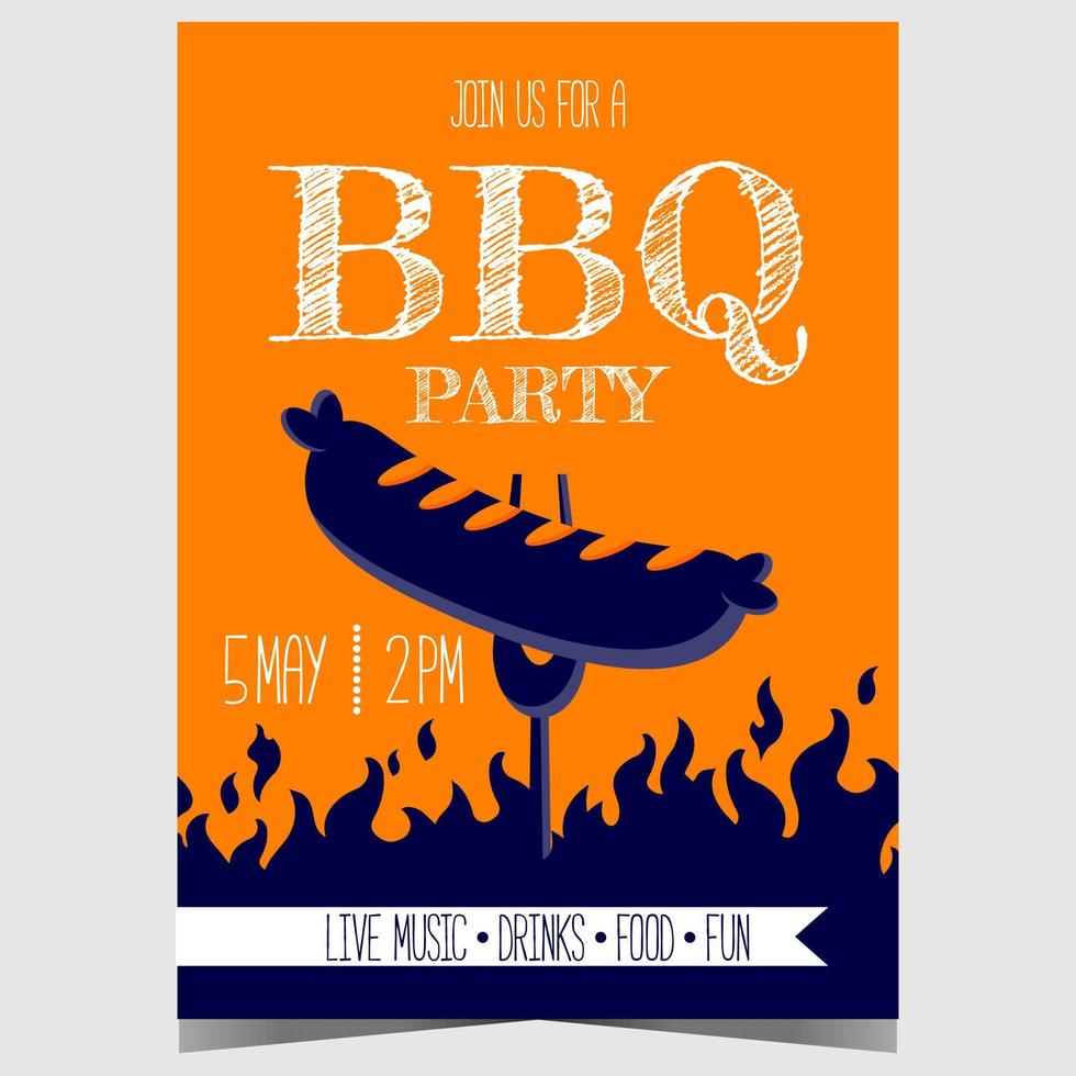 BBQ party or barbecue event invitation poster with a sausage on a fork over the flame of a grill. Vector illustration for outdoor picnic and meat cooking with family and friends during the weekend.