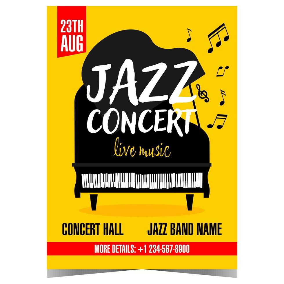 Live jazz music concert banner or poster with black grand piano and musical notes on yellow background. Promo invitation, leaflet or flyer for jazz music concert or festival. Vector illustration.