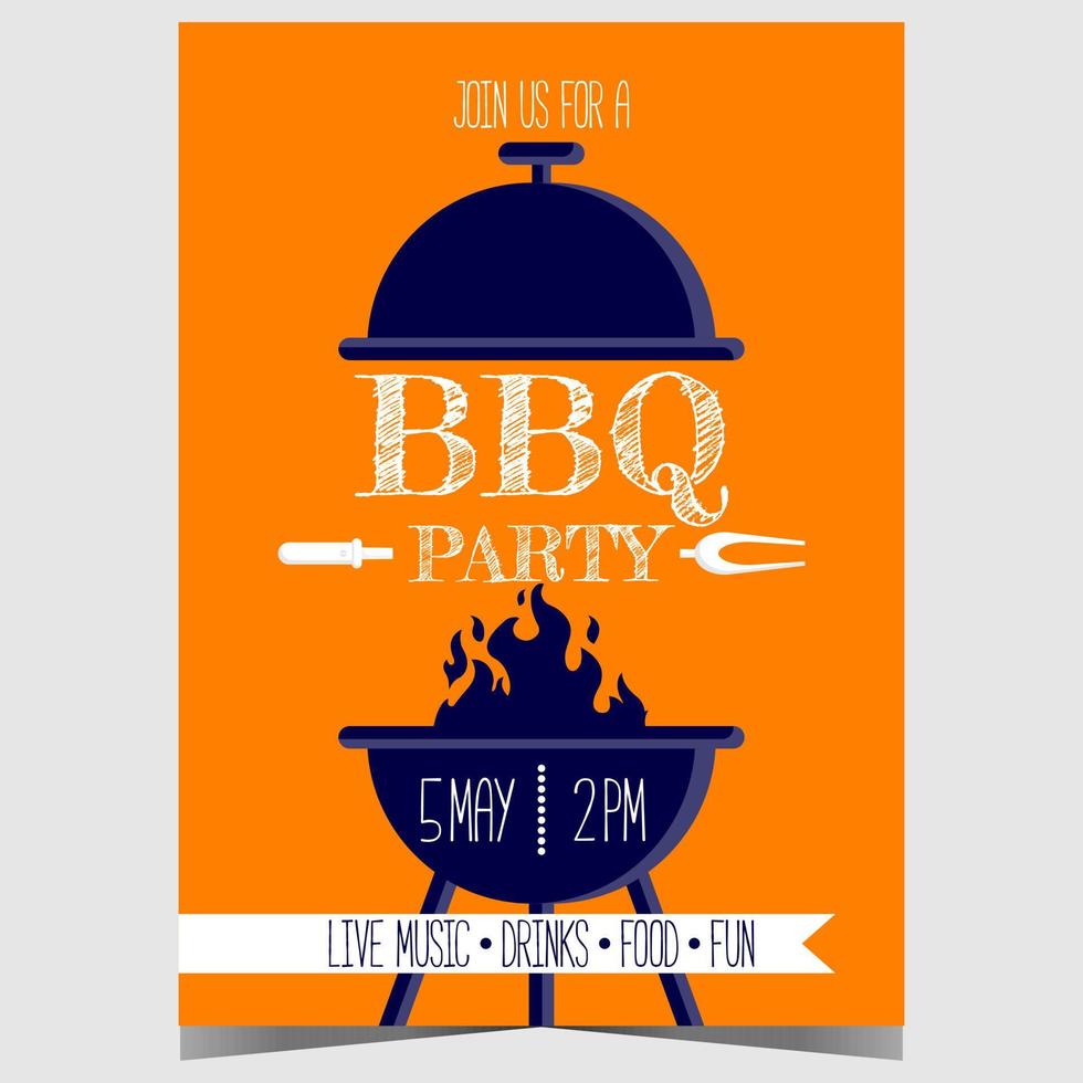 BBQ party poster or banner design template with grill and flame ready to roast a beef or pork steak, chicken and sausage. Vector illustration for barbecue family weekend promotion. Ready to print.