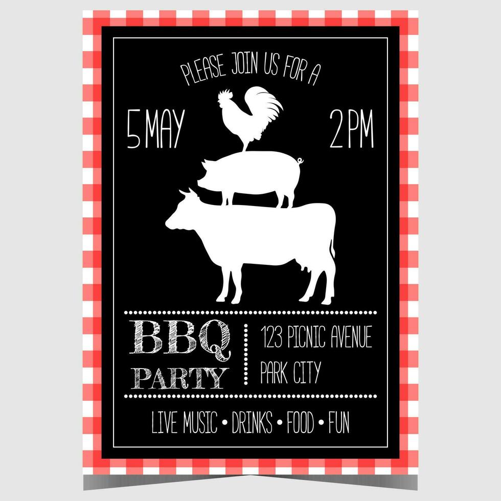 BBQ party invitation poster for outdoor picnic and barbecue weekend to cook meat, beef or pork steak, chicken and sausage on a grill or brazier with friends and family during the sunny summer days. vector