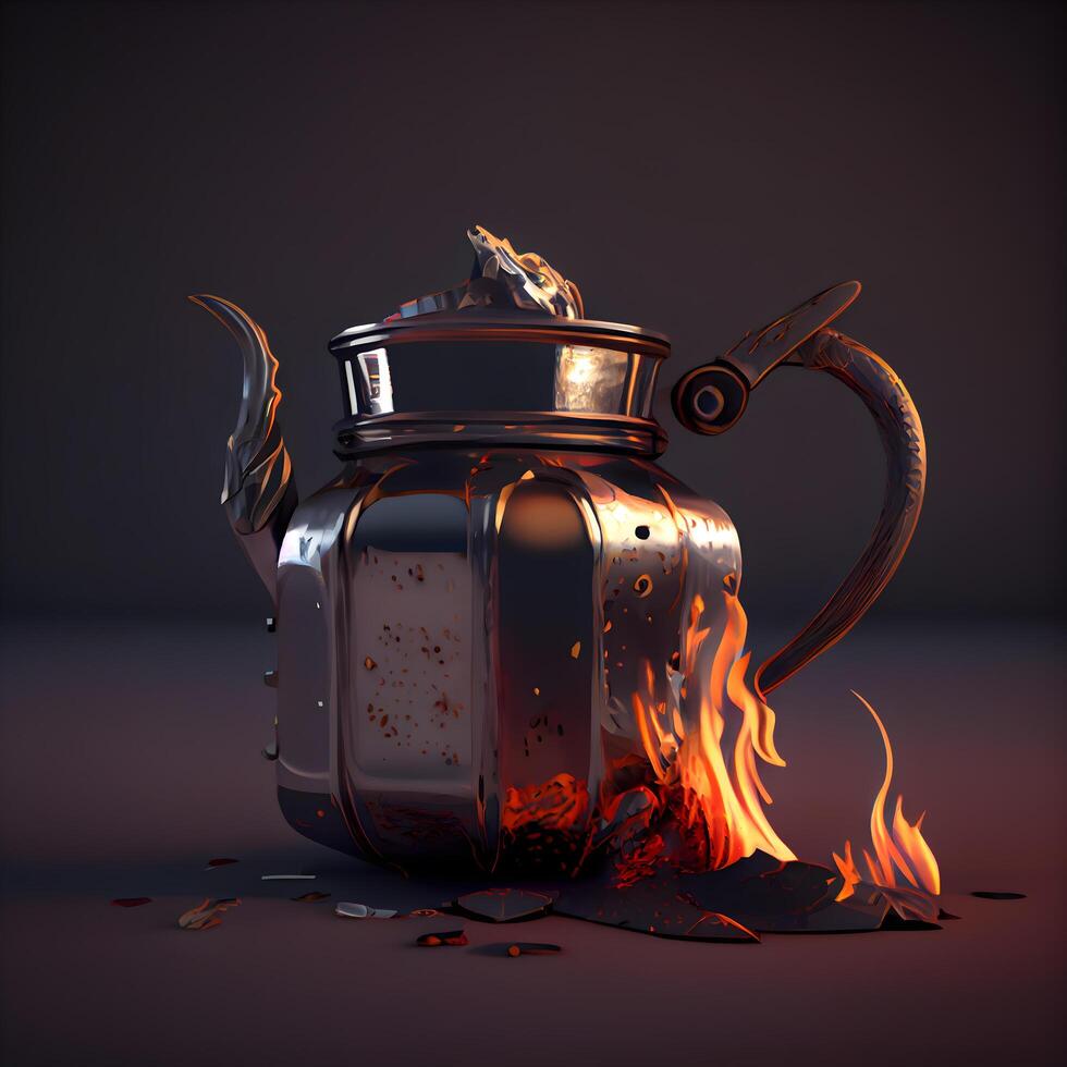 Teapot on fire background. 3d illustration. Copy space., Image photo