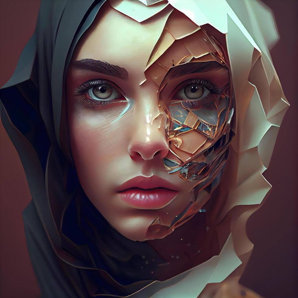 Portrait of a beautiful woman with a broken face. 3d rendering., Image photo