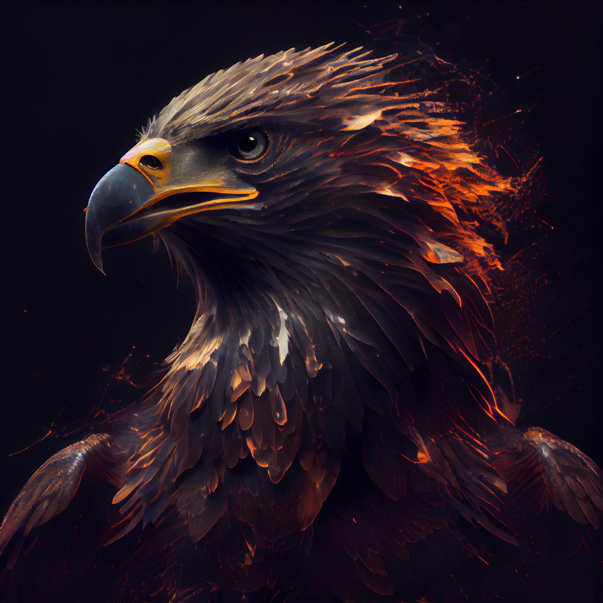 eagle portrait with fire effect on a black background. 3d rendering