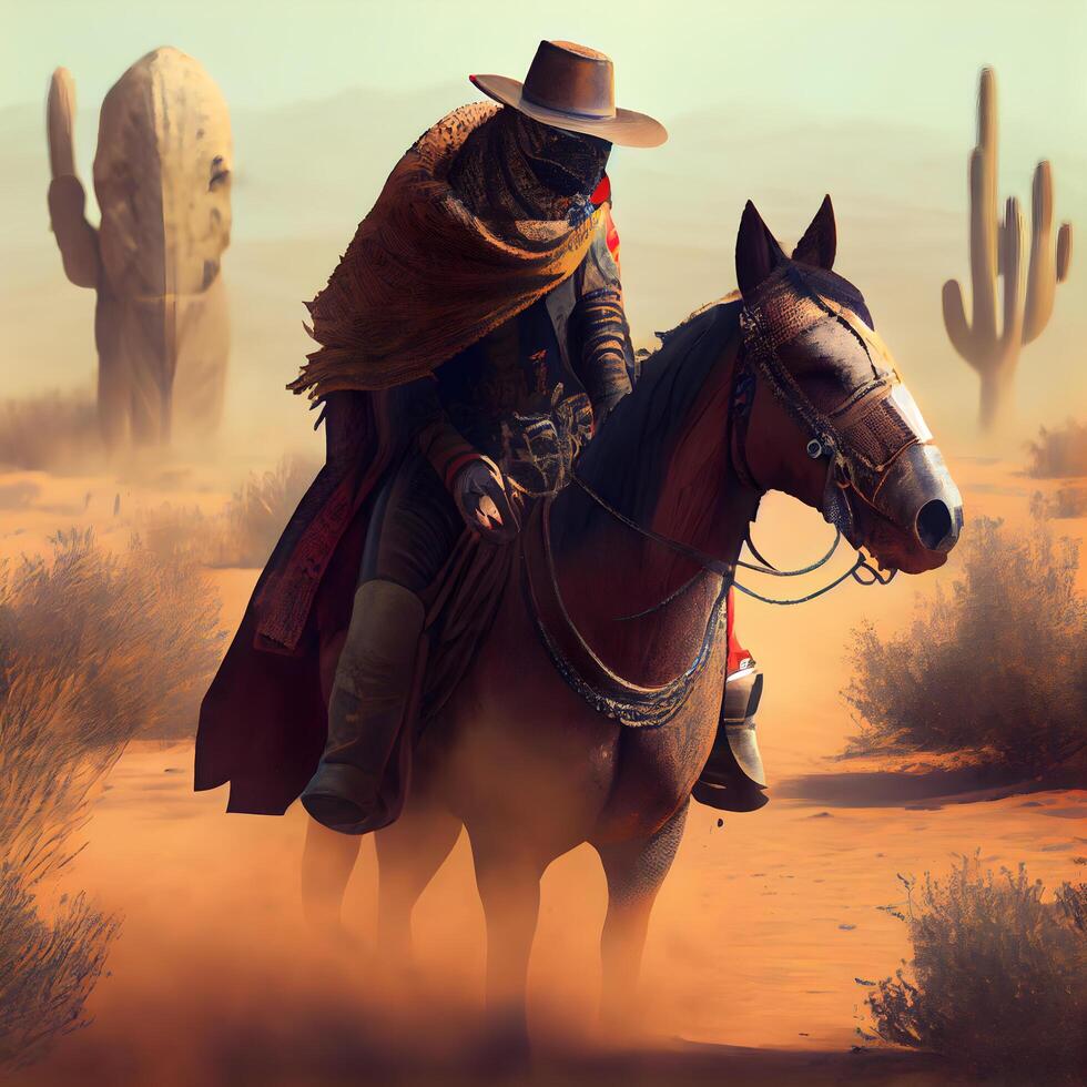 Cowboy on horseback in the desert. 3d illustration., Image photo