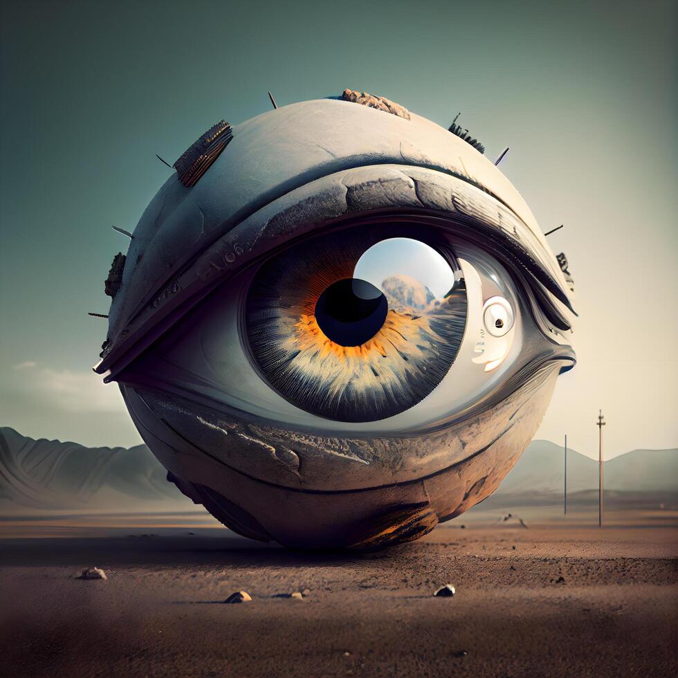 Eye of the Alien in the desert. 3d rendering. Computer digital drawing., Image photo