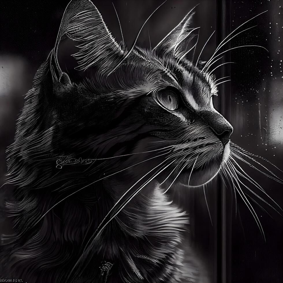 Sketch of a cat on a black background. Digital painting., Image photo