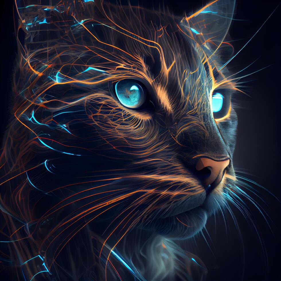 Fractal portrait of a cat with glowing eyes. 3D rendering, Image photo