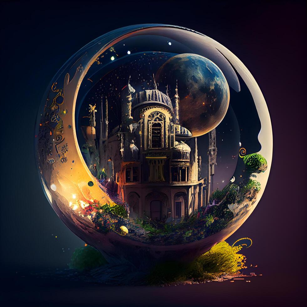 Fantasy landscape with magic castle and moon. 3D illustration., Image photo