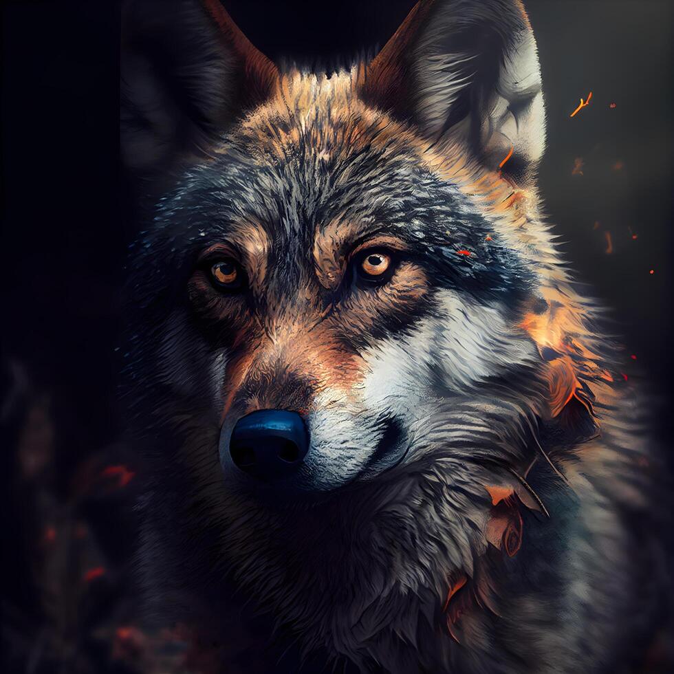 Wolf in the forest. Portrait of a wolf with fire., Image photo