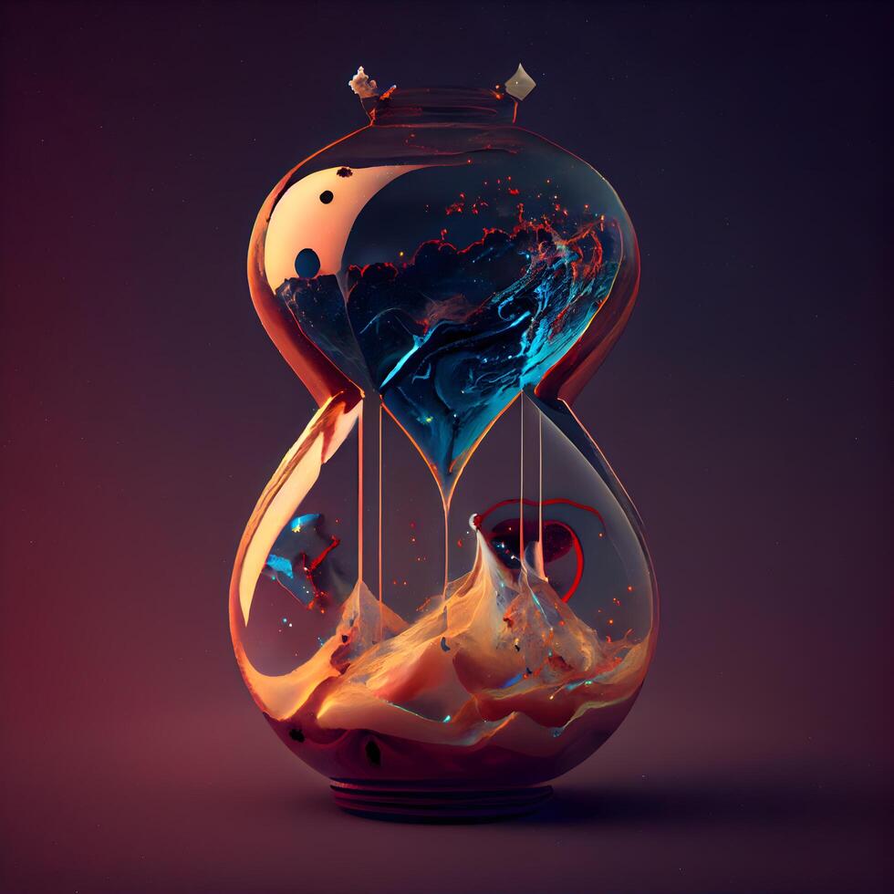 Colorful abstract scene with hourglass on dark background. 3D rendering, Image photo