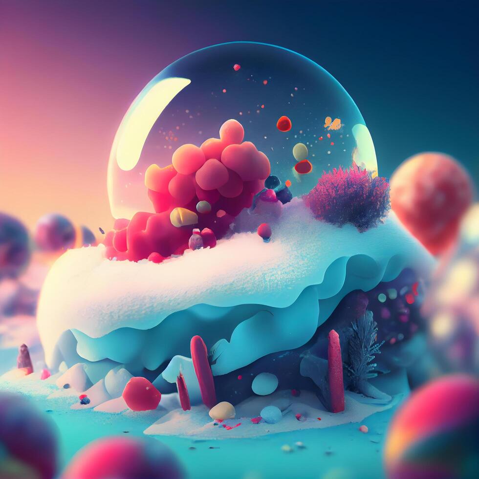 3d illustration of a snow globe with red and blue balls in the snow, Image photo