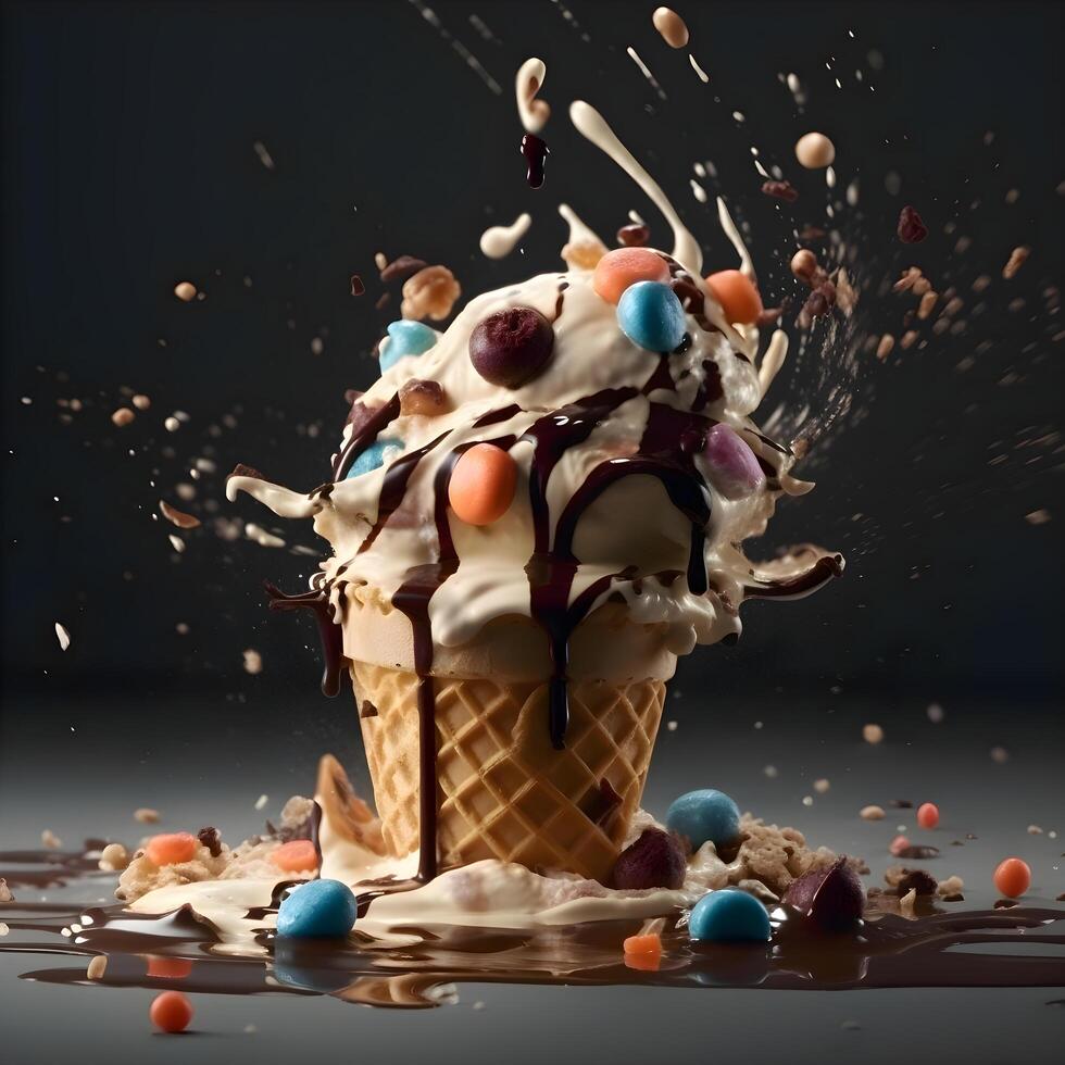 Ice cream in waffle cone with splashes and drops on black background, Image photo