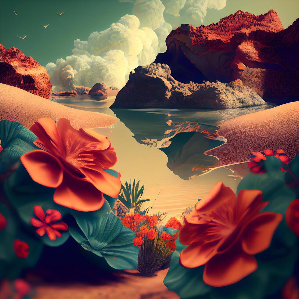 Fantasy landscape with red flowers on the beach. 3d render, Ai