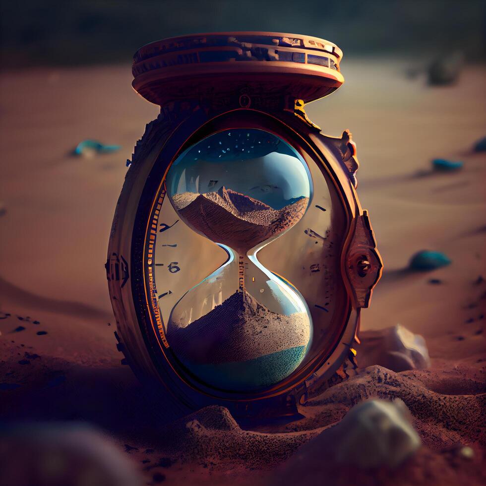 Hourglass on sand. Sandglass in the desert. Time concept, Image photo