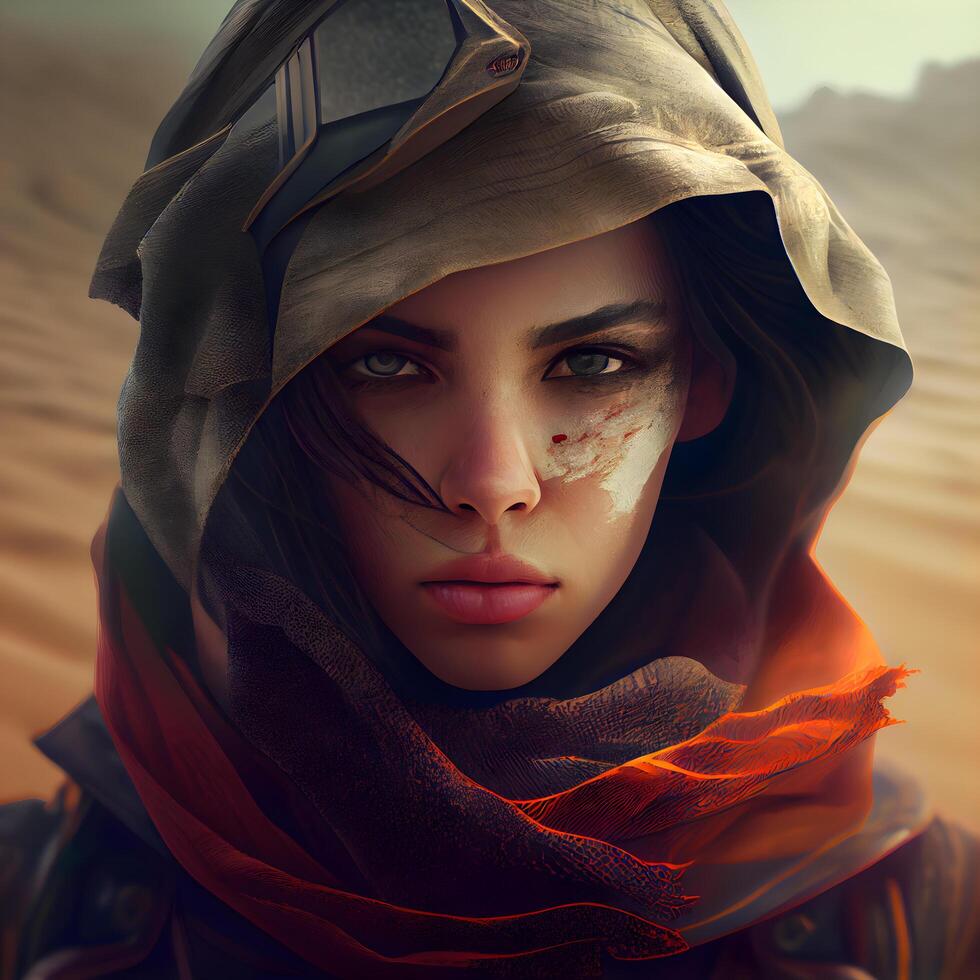 Beautiful girl in the desert with a scarab on her head, Image photo