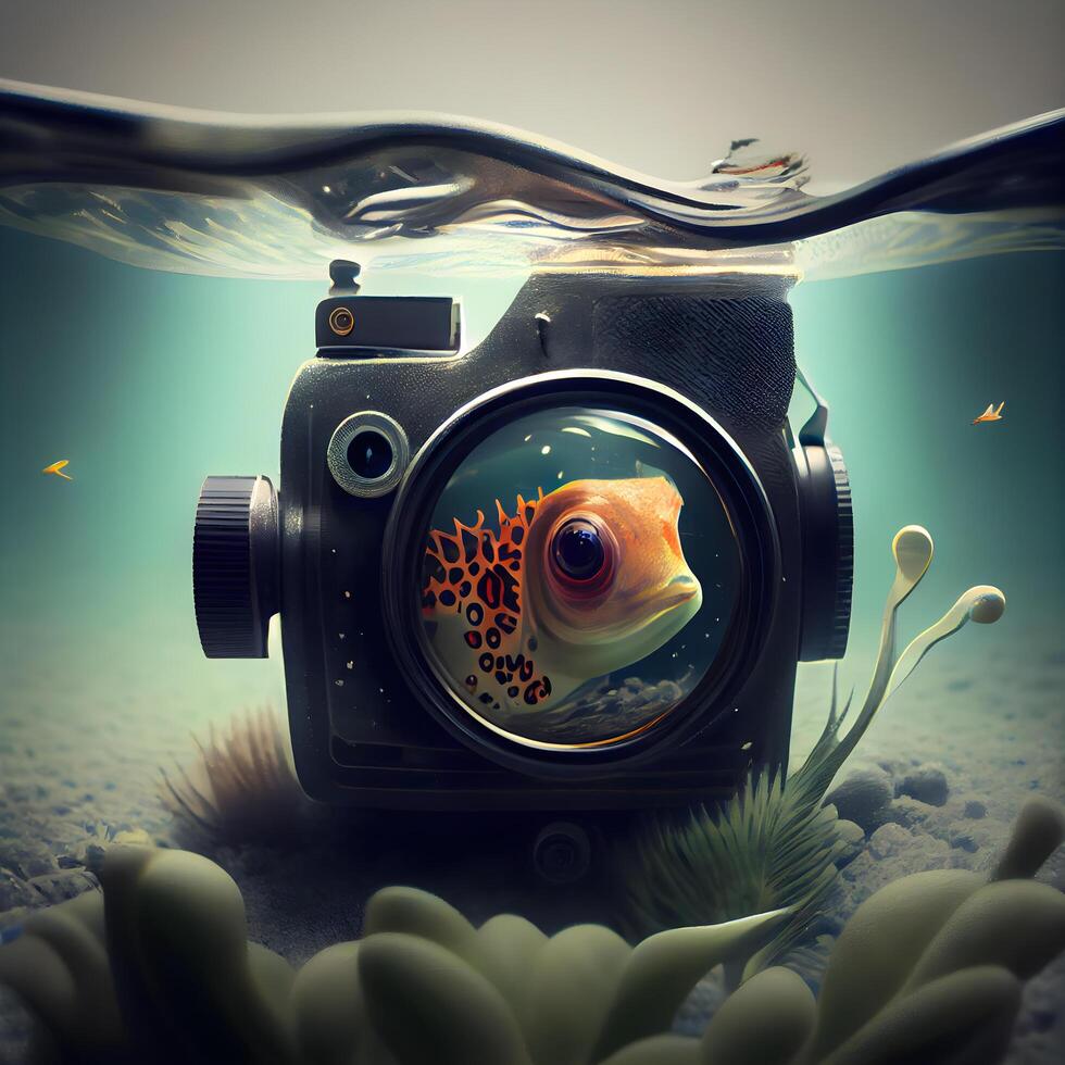 Underwater world. Photo camera and fish under water. Underwater world., Image