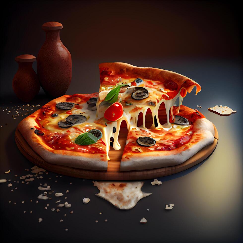 Pizza with mozzarella cheese, tomatoes and basil on black background, Image photo