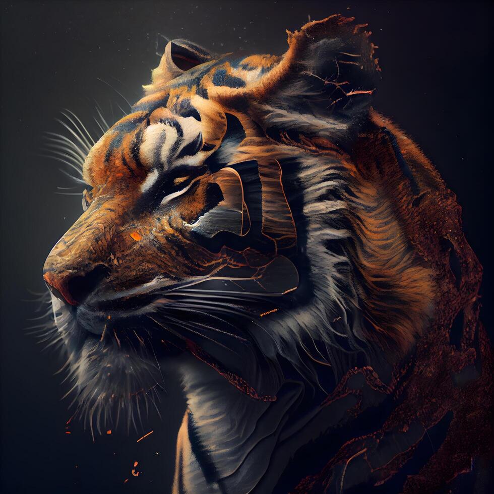 Tiger with a tattoo on a black background. 3d rendering, Image photo