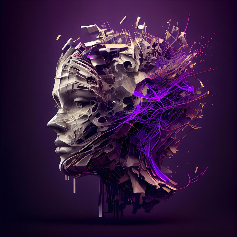 3d rendering of a human head with abstract particles in purple background, Image photo