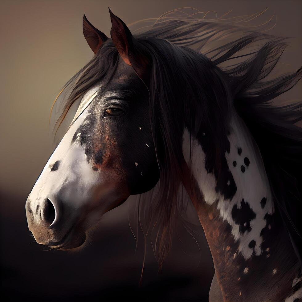 Portrait of a horse with long mane on a dark background, Image photo
