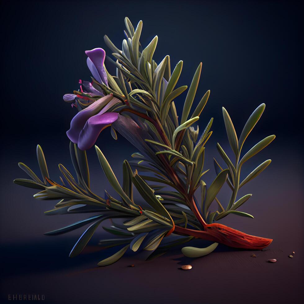 Illustration of a rosemary twig with purple flowers on a dark background, Image photo