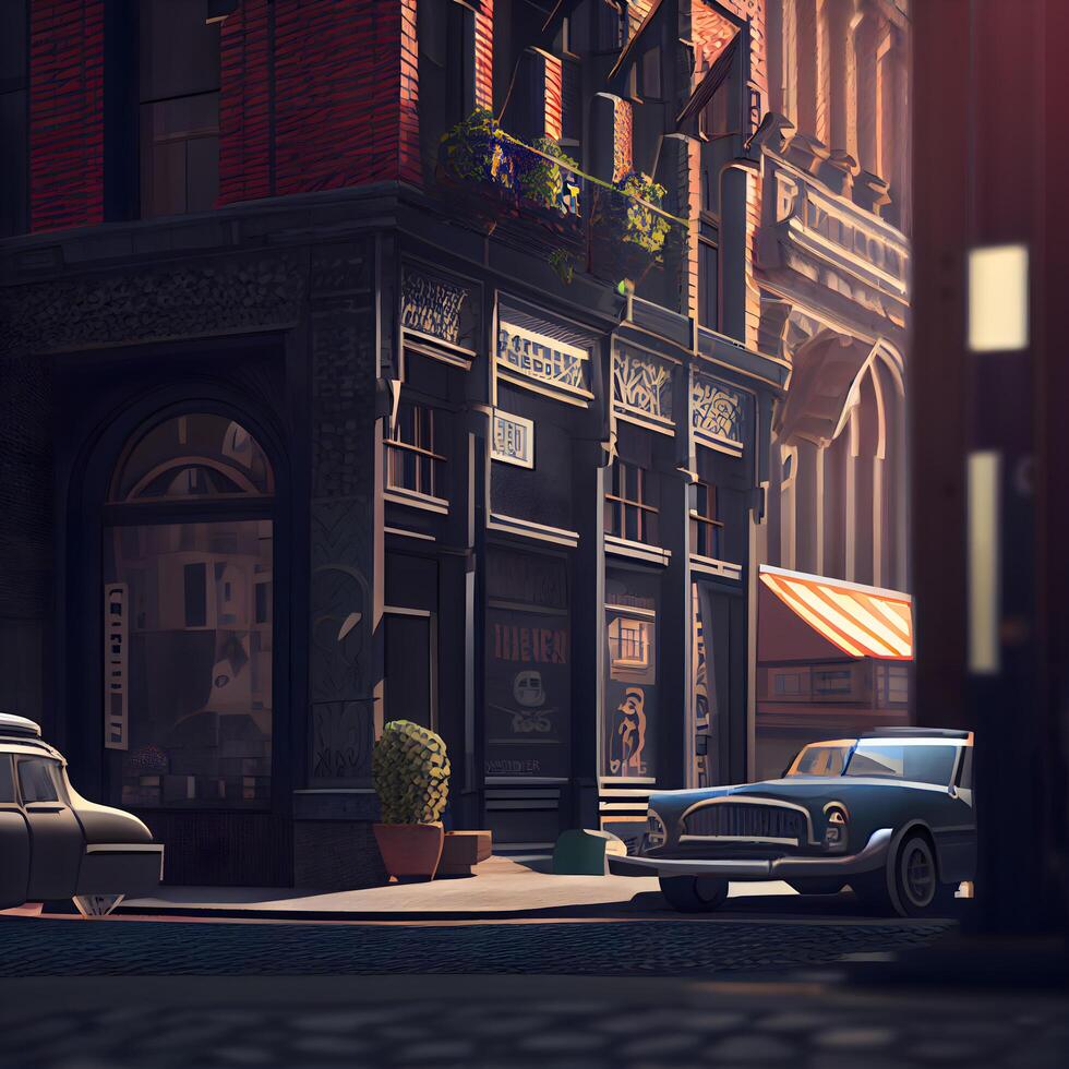 Old classic car on the street in the city. 3d rendering, Image photo