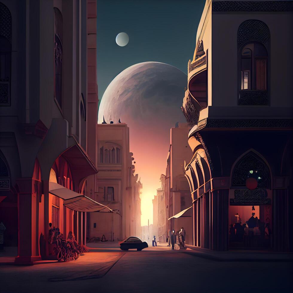 Ramadan Kareem in the old city at night with full moon, Image photo