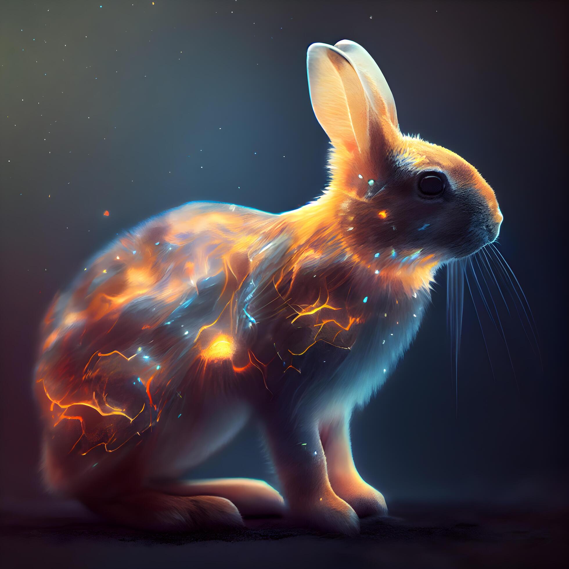 Rabbit with lightning on a dark background. 3D rendering., Image