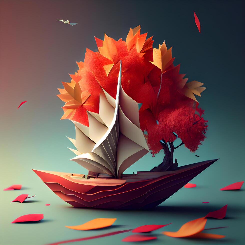 Paper boat with autumn leaves in the wind. 3d illustration., Image photo