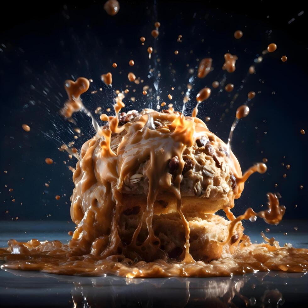 Splash of chocolate with ice cream on a black background. Copy space., Image photo