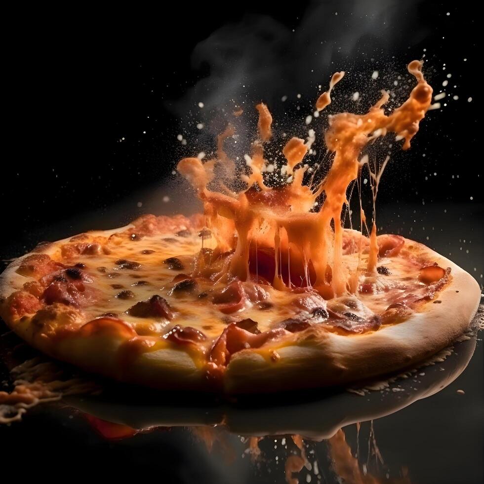 Pizza with pepperoni and mozzarella on a black background, Image photo
