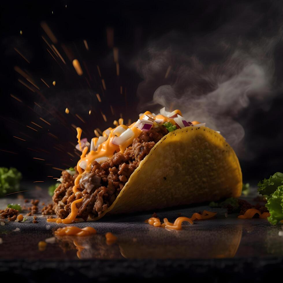 Taco with meat and vegetables on a black background. Mexican food., Image photo