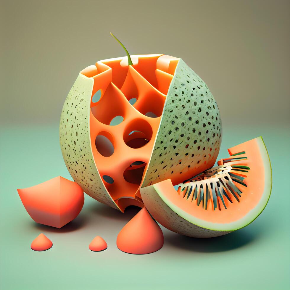 Melon and melon slices with drops of water. 3d illustration, Image photo