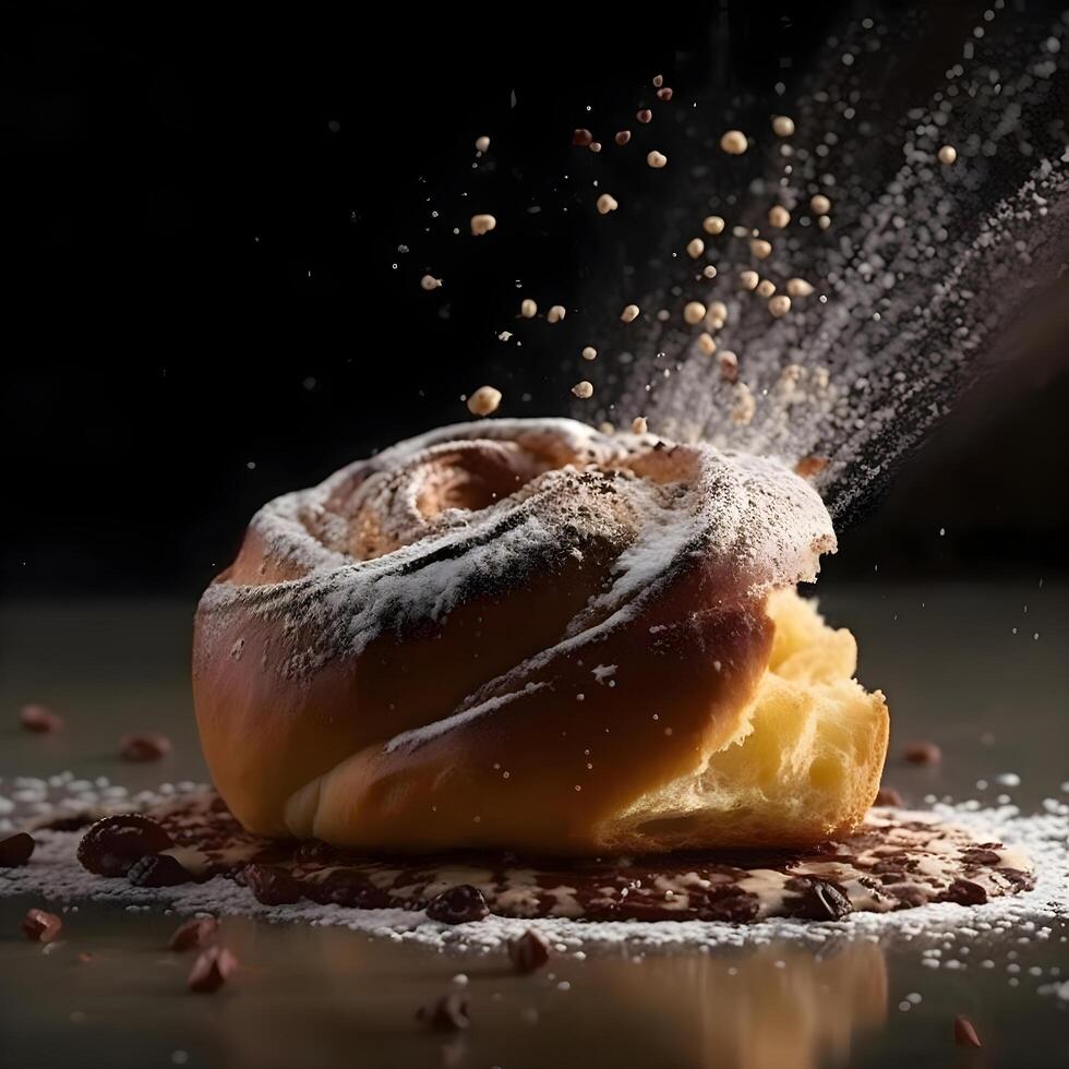 Sweet donut sprinkled with powdered sugar on a black background, close up, Image photo