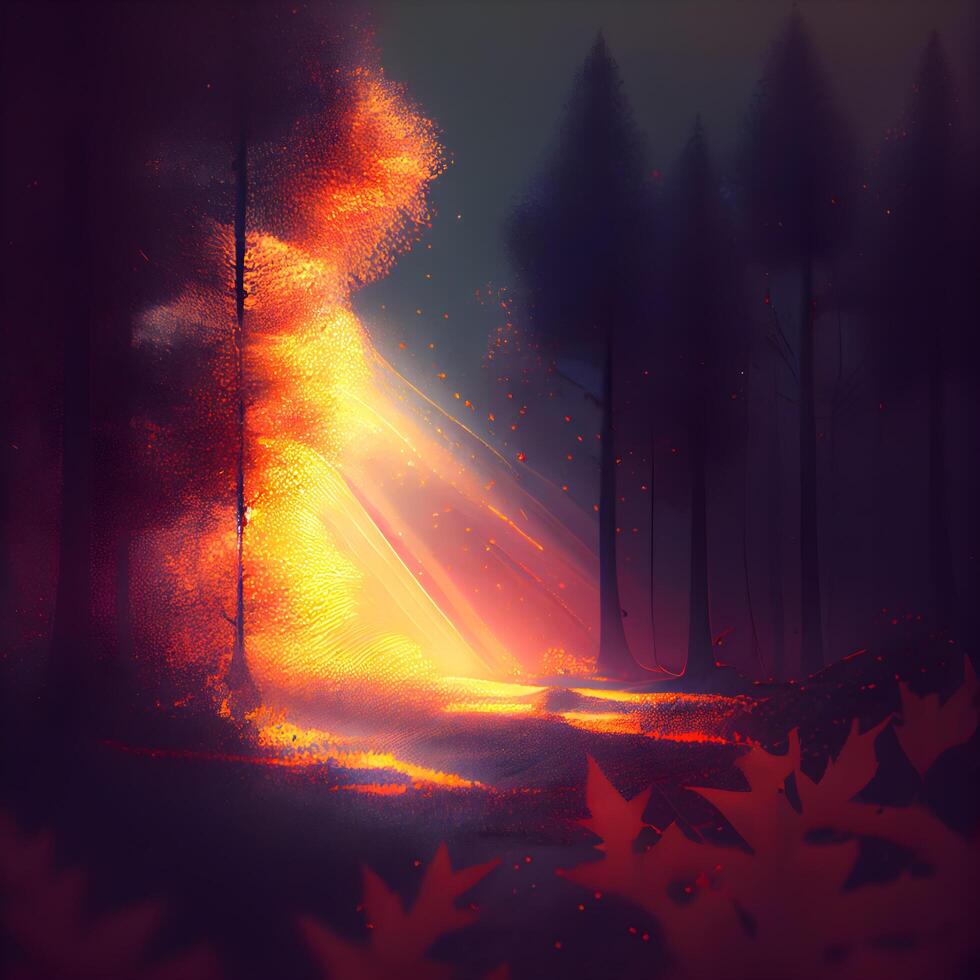 Autumn forest with falling leaves and rays of light. Digital painting., Image photo