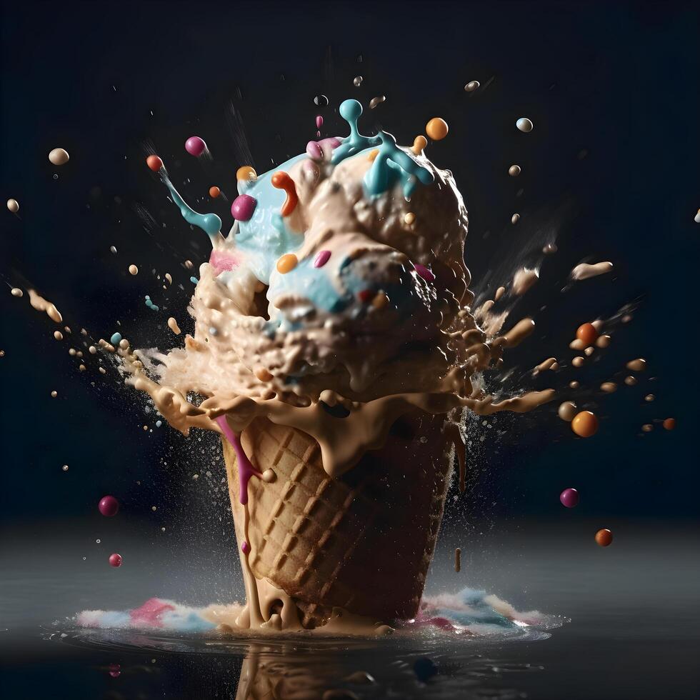 Ice cream with splashes and drops on a black background. Mixed media, Image photo