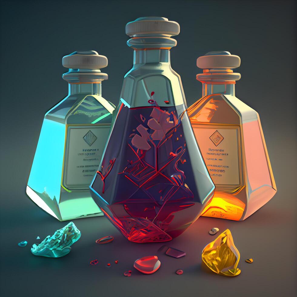 3d illustration of a set of bottles with potion on a dark background, Image photo