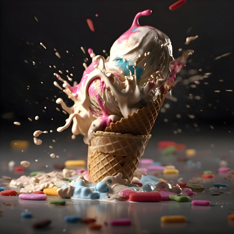 Ice cream in waffle cone with splashes on a black background, Image photo