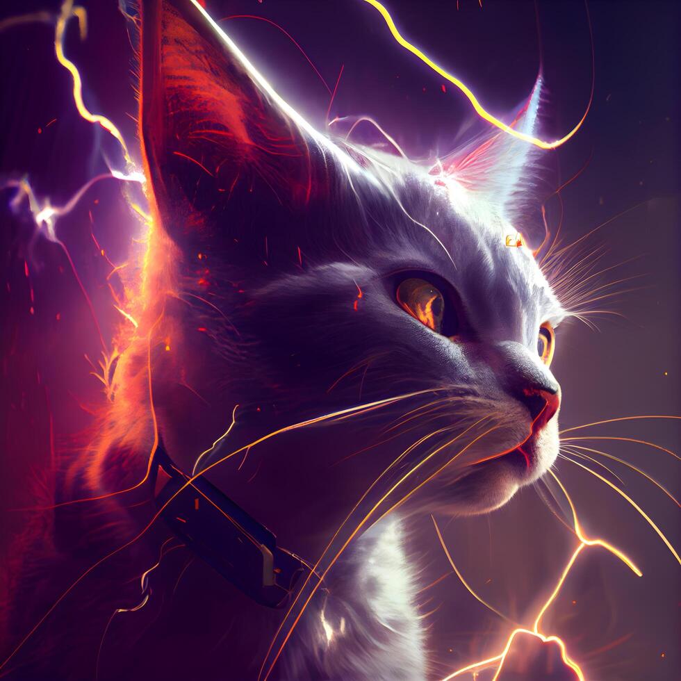 Fractal portrait of a white cat with a bright lightning in the background, Image photo