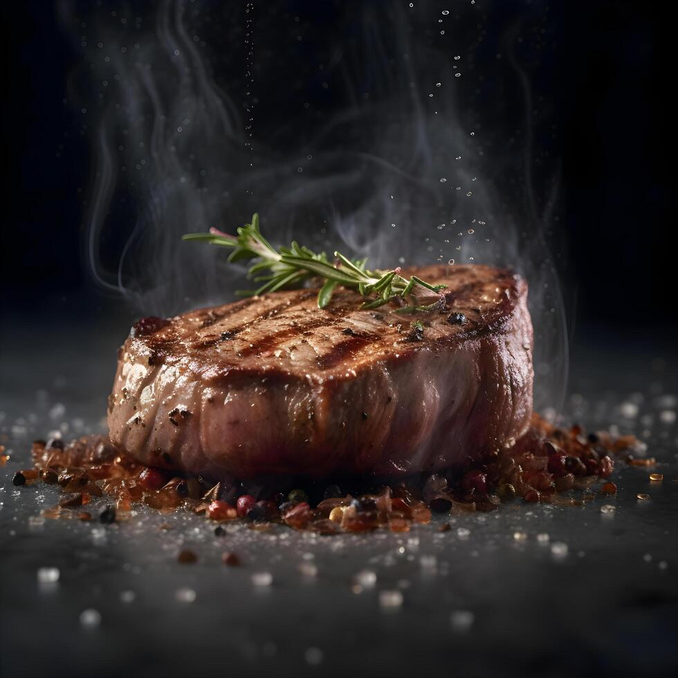 Grilled beef steak with red caviar and smoke on black background, Image photo