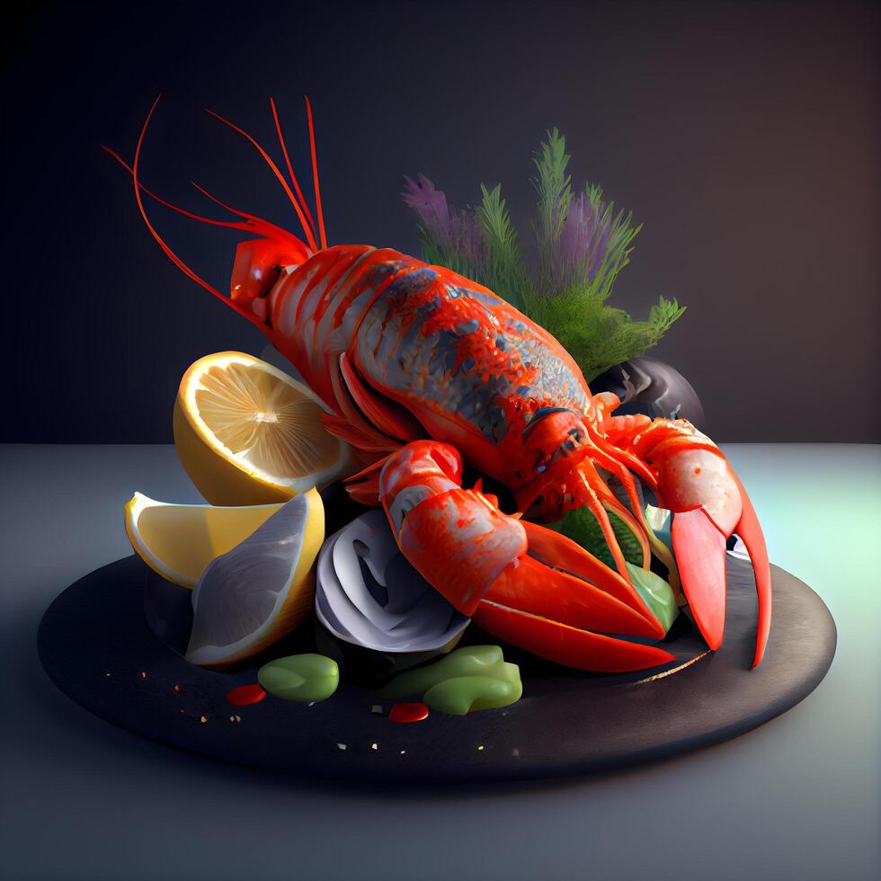 Lobster with lemon and vegetables on black plate. 3d illustration, Image photo