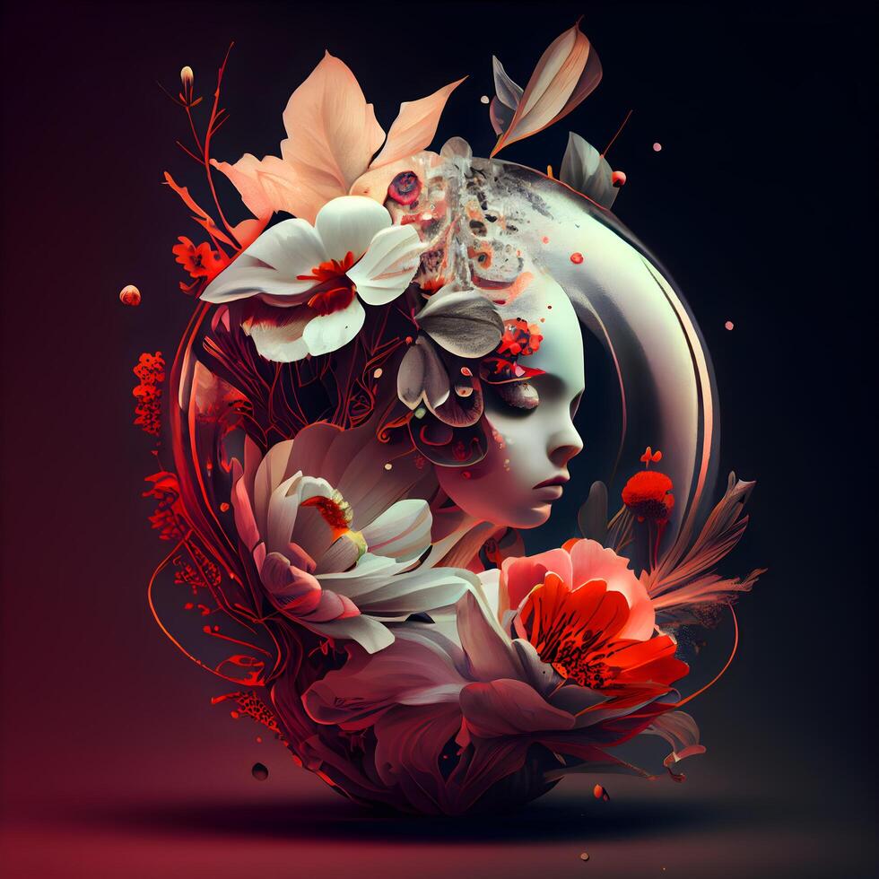 hermosa mujer cara con floral guirnalda. 3d ilustración., ai generativo imagen foto