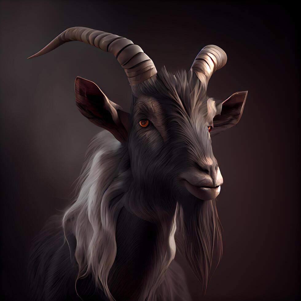 Black goat with horns on a black background. 3d rendering., Image photo