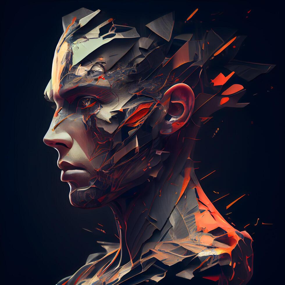 3D rendering of a female robot head with cracked skin on black background, Image photo