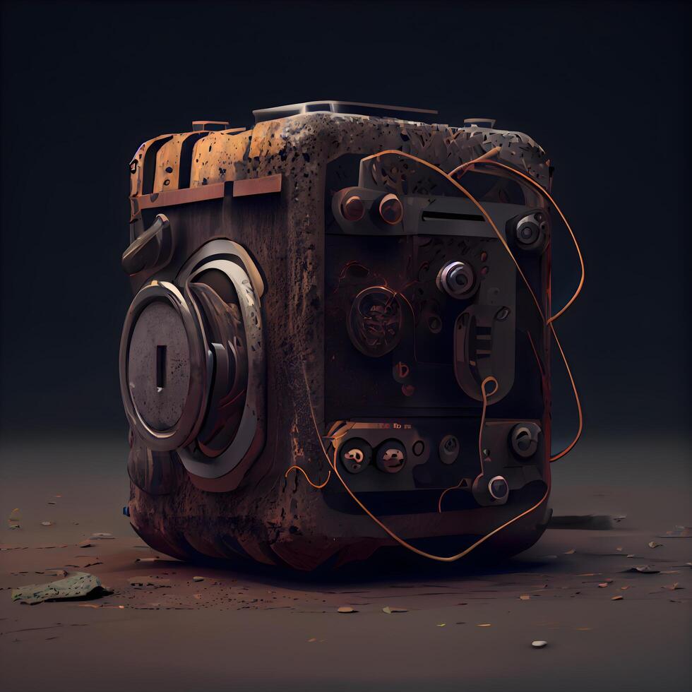 3d illustration of an old camera on a dark background with a line of light, Image photo